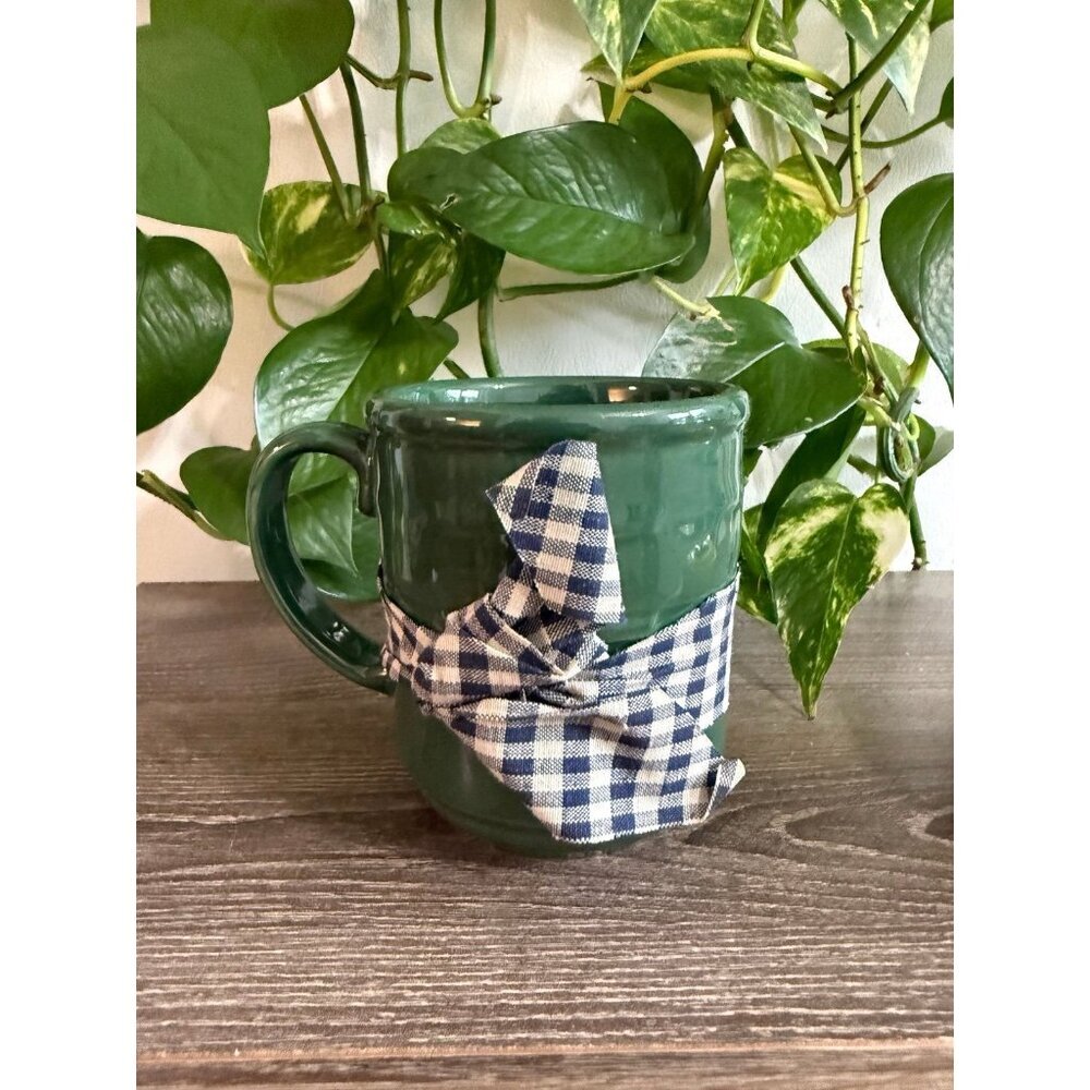 Longaberger Pottery green with plaid ribbon mug